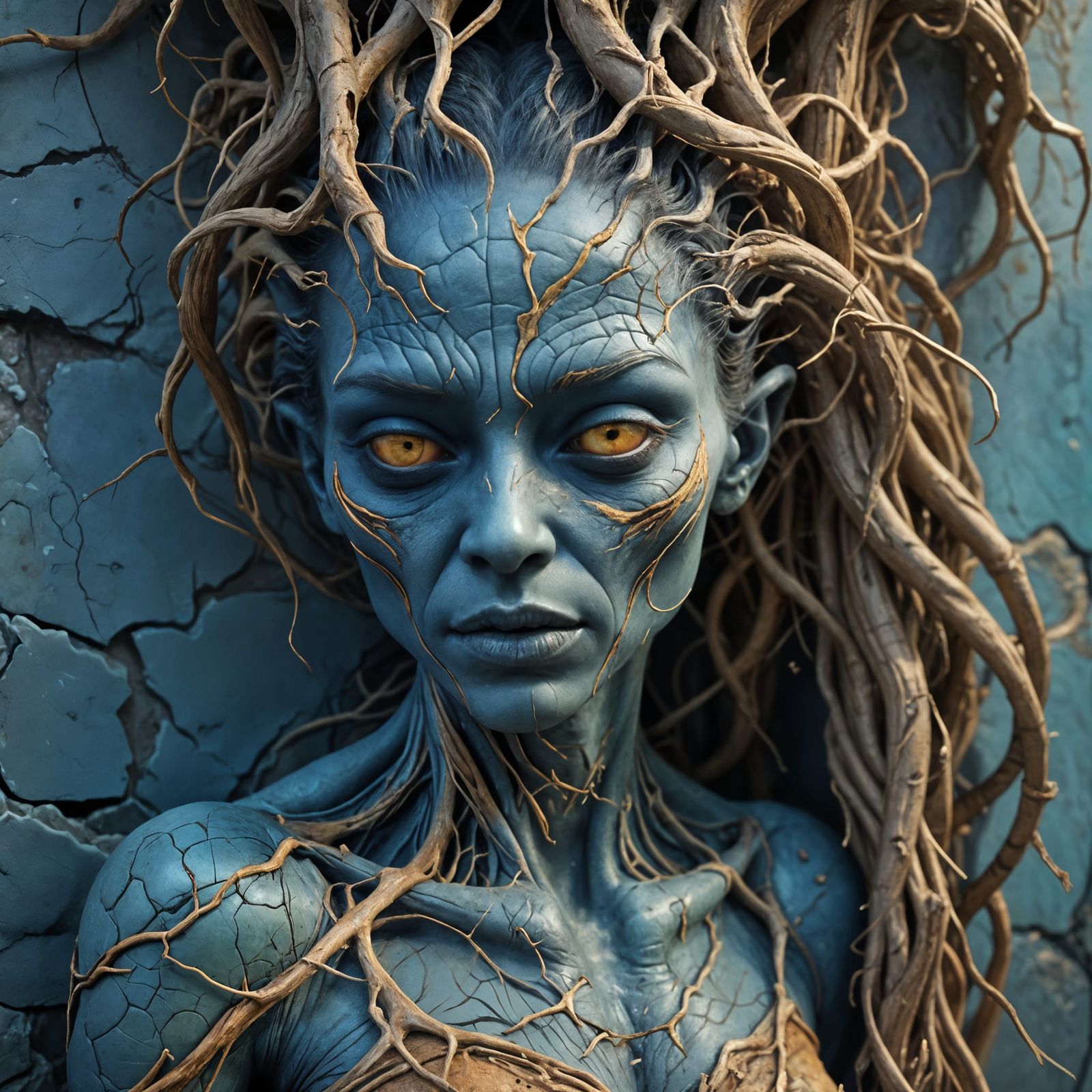 Surrealistic Alien Goddess Emerges from Earthy Cracks