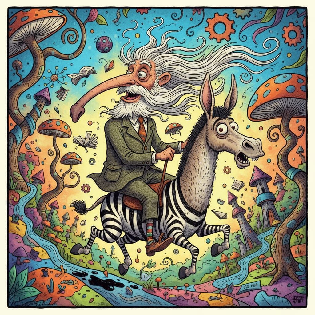 Whimsical Aardvark Rides Hybrid Beast in Searle Style