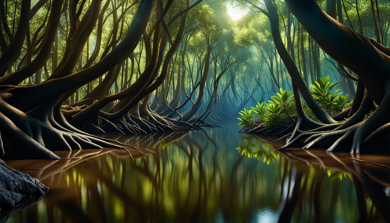 Photorealistic Mangrove Forest Reflected in Water
