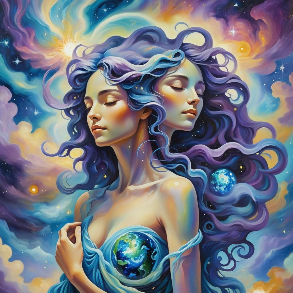 Mother Nature Holding Earth: Neo-Impressionist Oil Painting