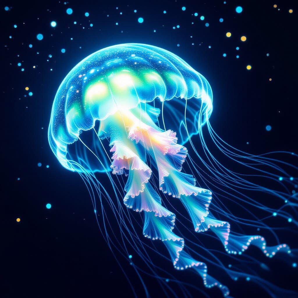 Bioluminescent Jellyfish Drifting Through Dark Depths