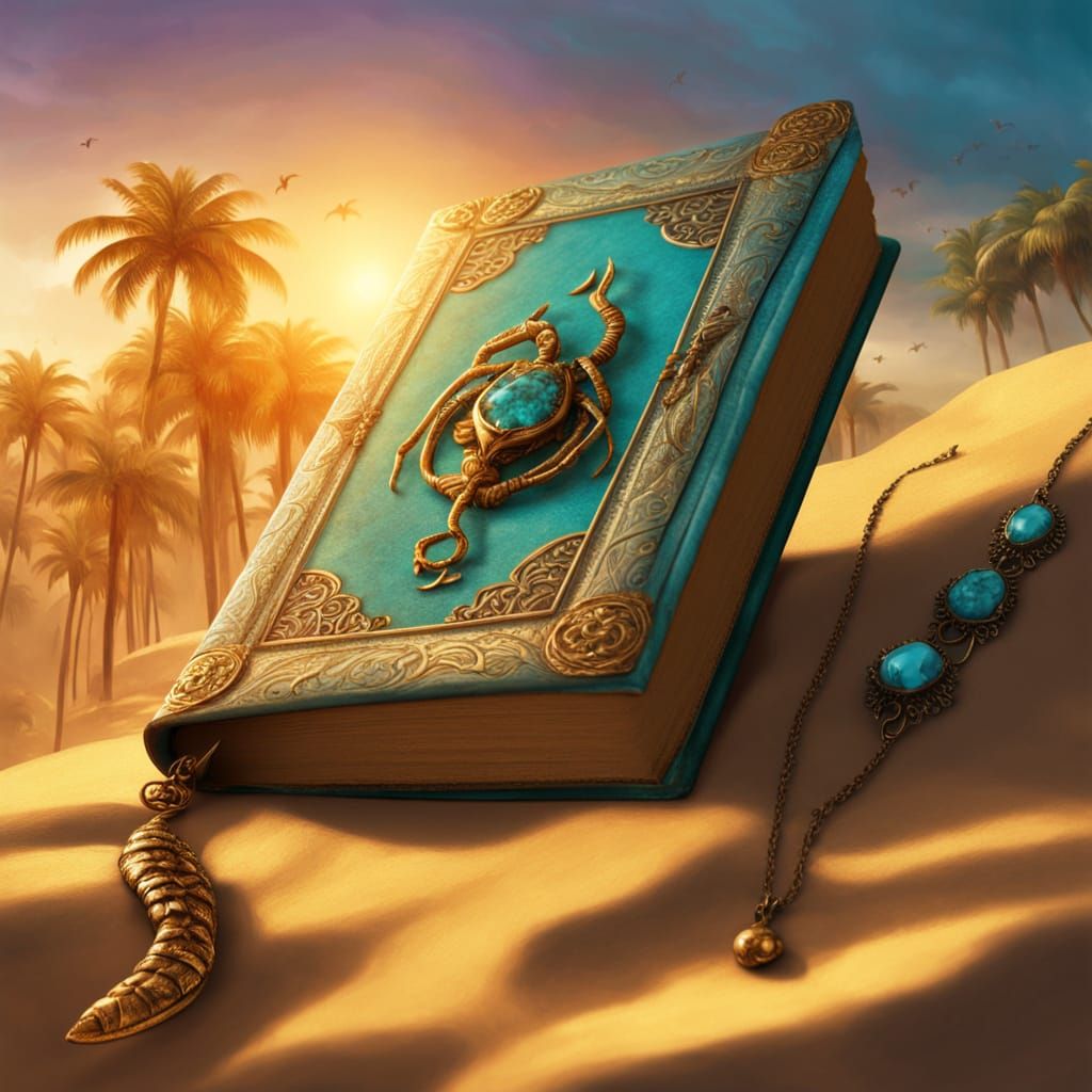 Woman with Scorpion Book in Fantasy Oasis