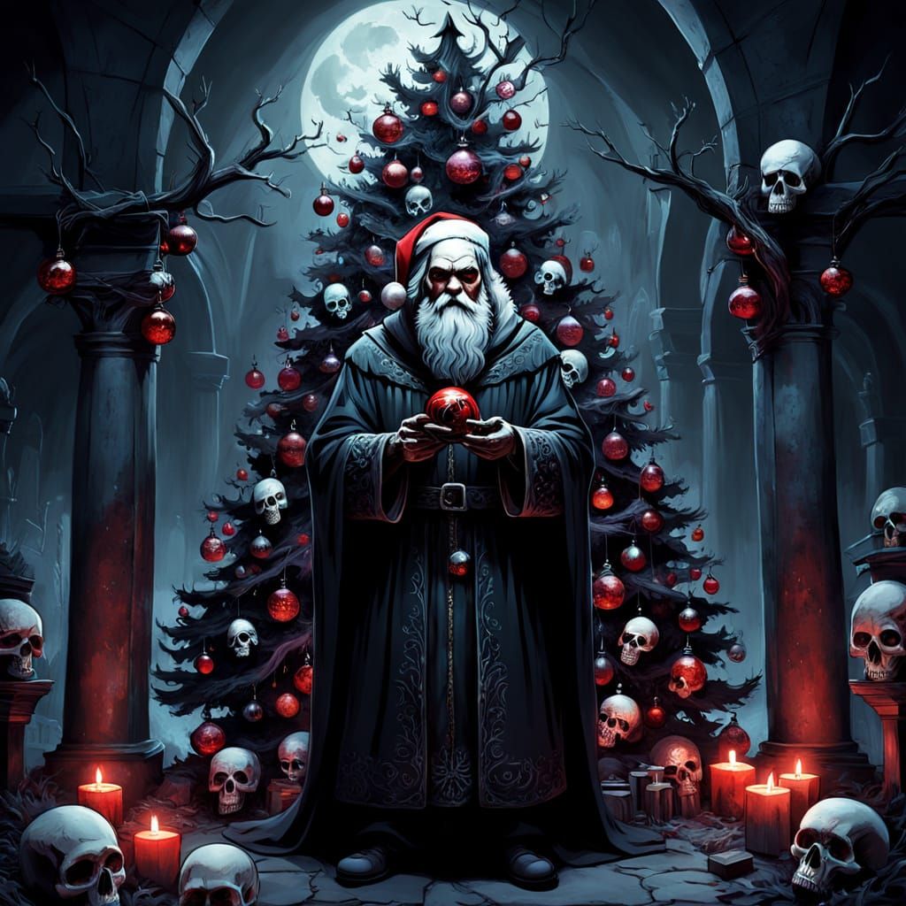 Macabre Santa Decorates Crypt Christmas Tree