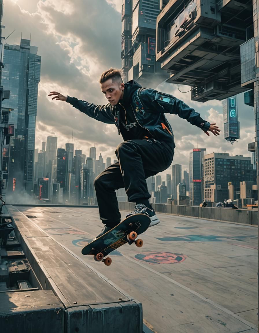 Cyberpunk Skater's Futuristic Leap of Faith