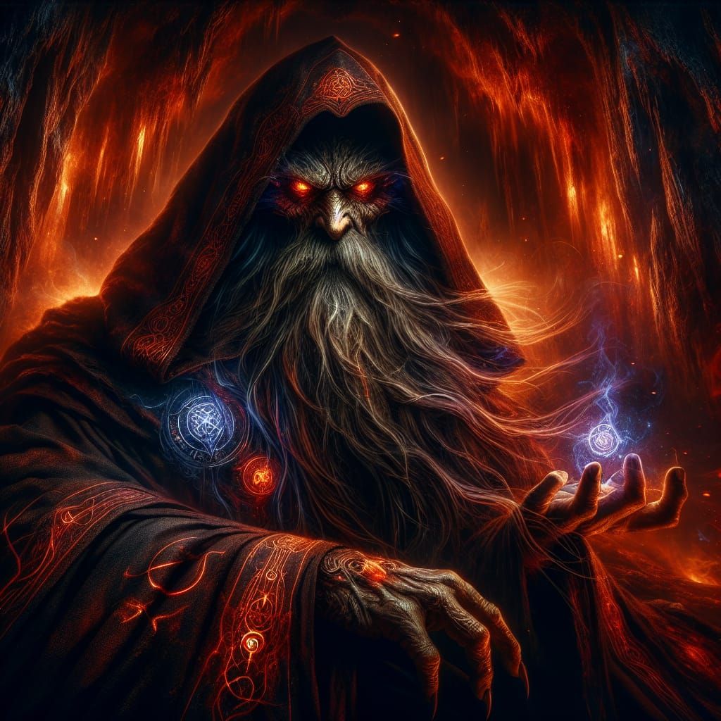 Menacing Warlock in a Fiery Mountain Dungeon