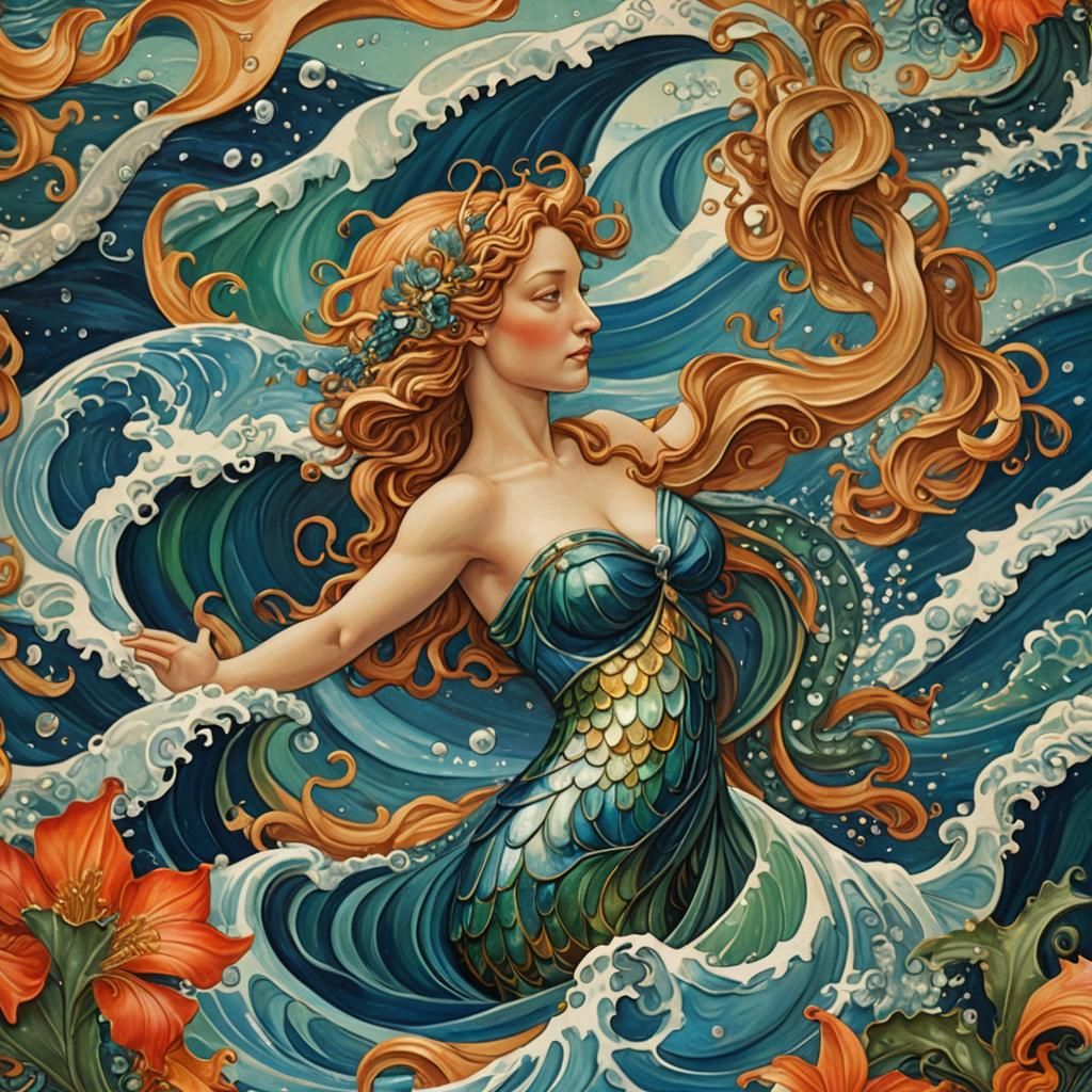 Botticelli's Venus Surfing: Art Nouveau Fantasy