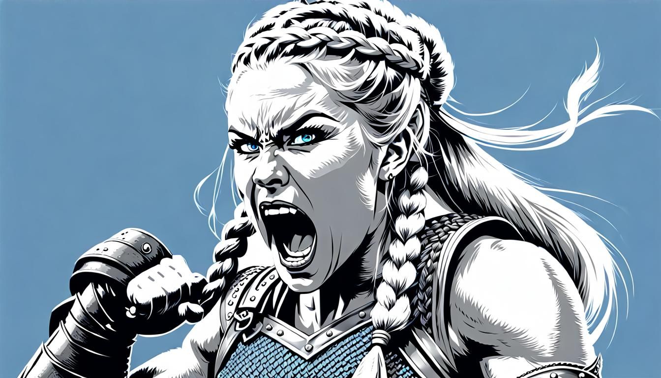 Viking Woman Screaming in Grayscale Line Art