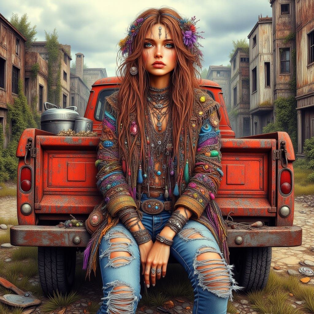 Eclectic Bohemian Lady Sits on Rusting Ford Truck