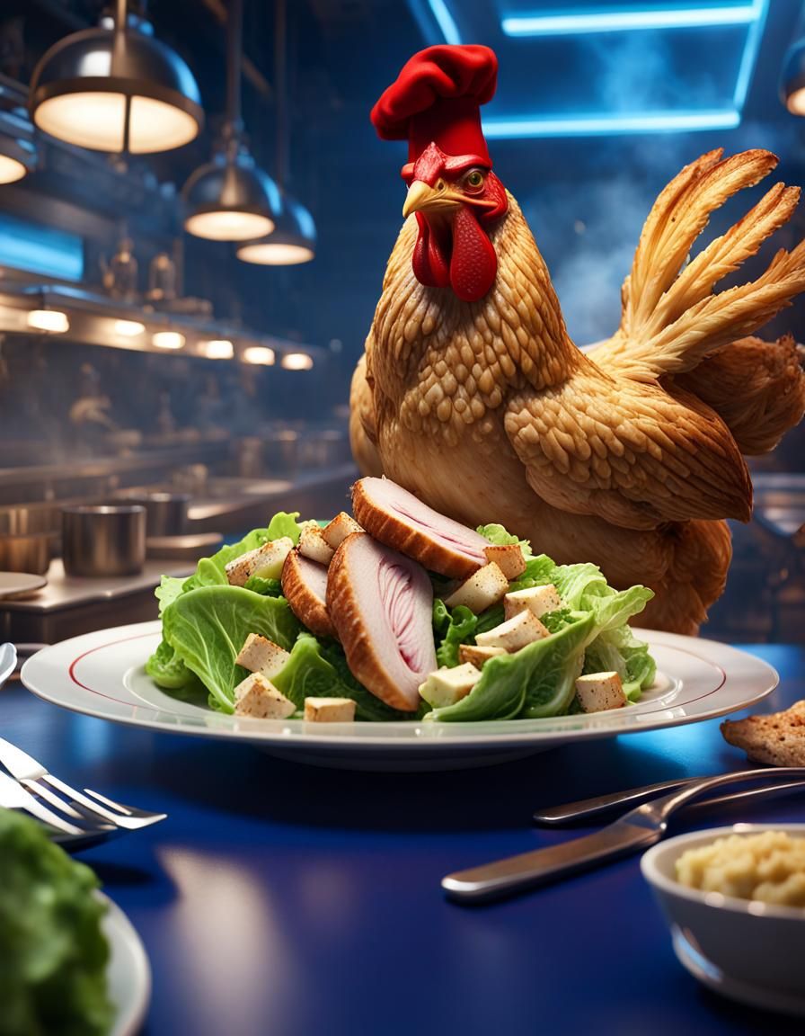 Chef Presents Chicken Caesar Salad in Restaurant