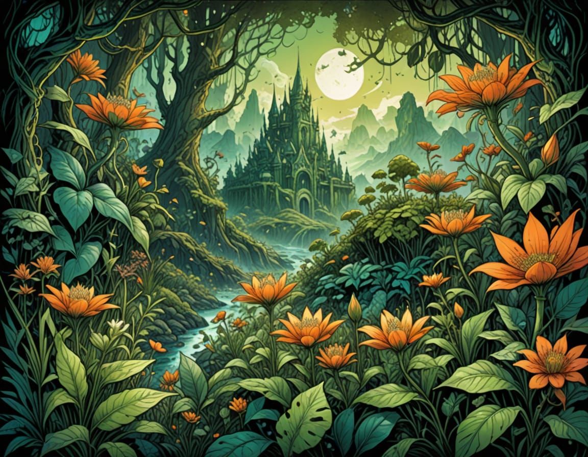 Enchanted Botanical Realm in Vibrant Watercolor