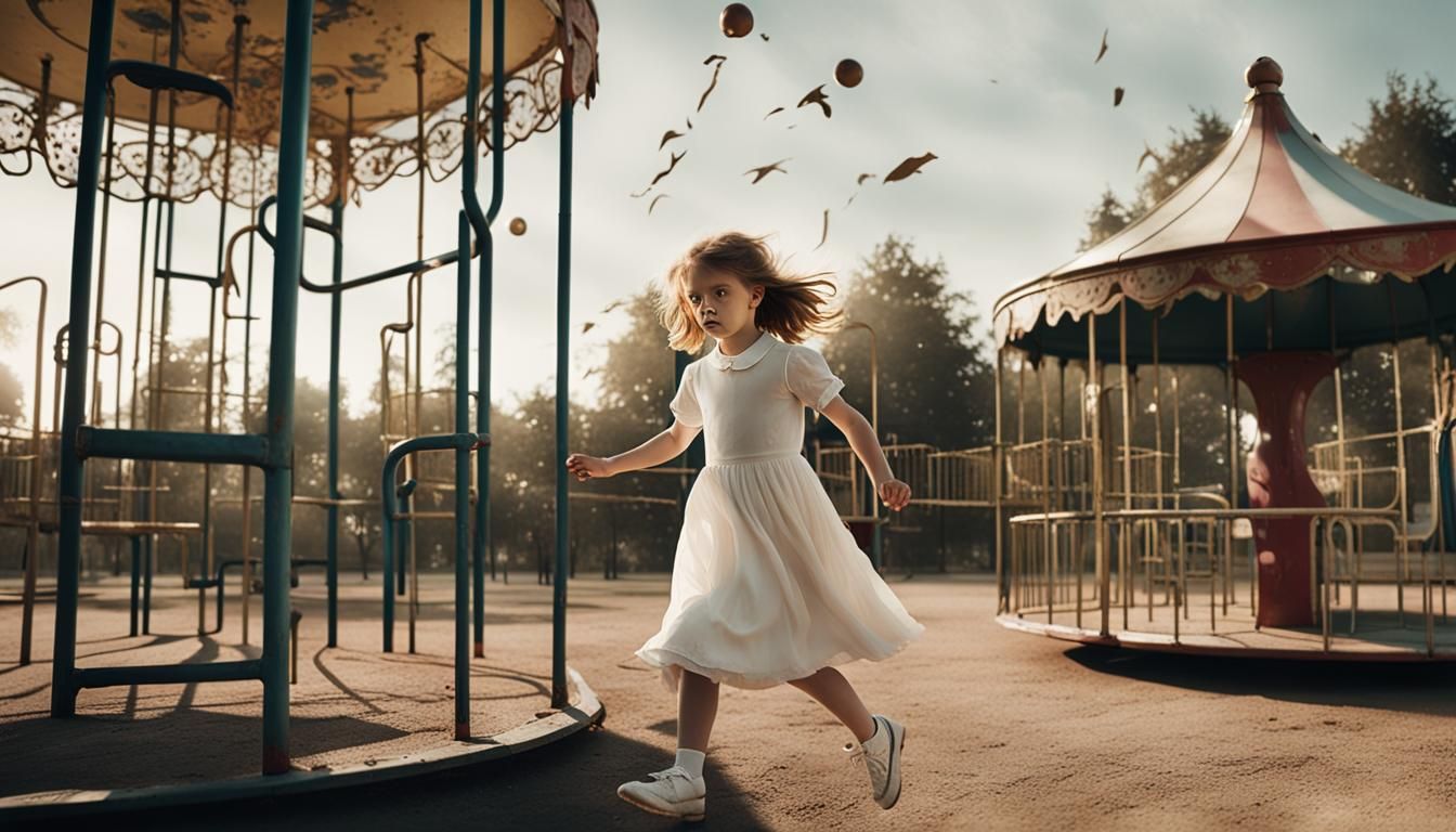 A Young Girl Runs with Scissors in an Abandoned Playground