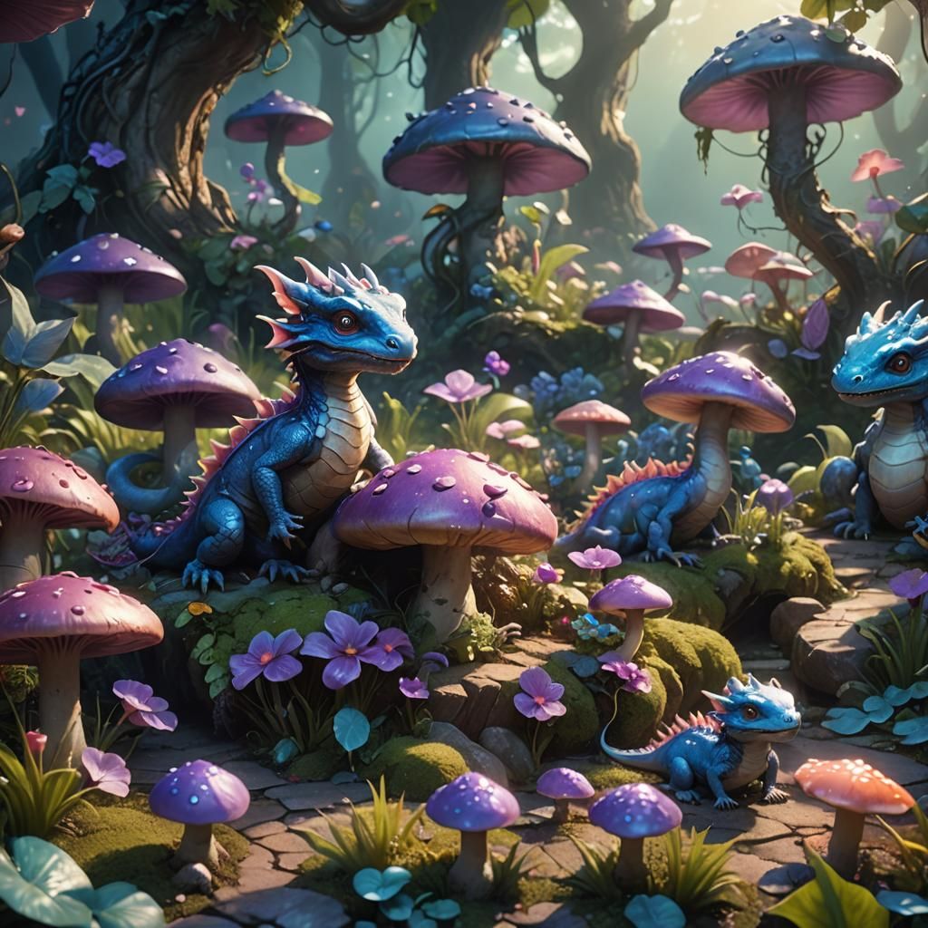 Baby Dragons Playing in Magical Garden: Digital Art