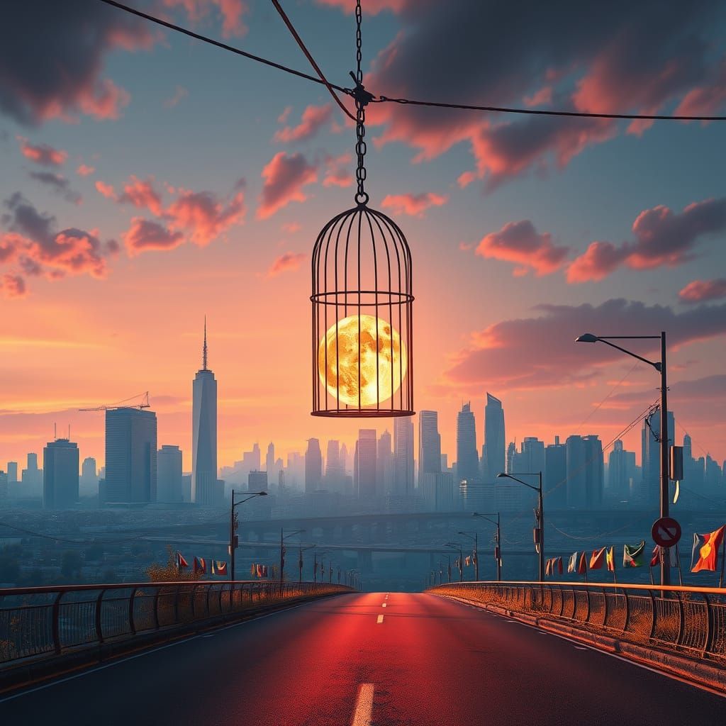 Birdcage Moon Over City of Hands: Surreal Art