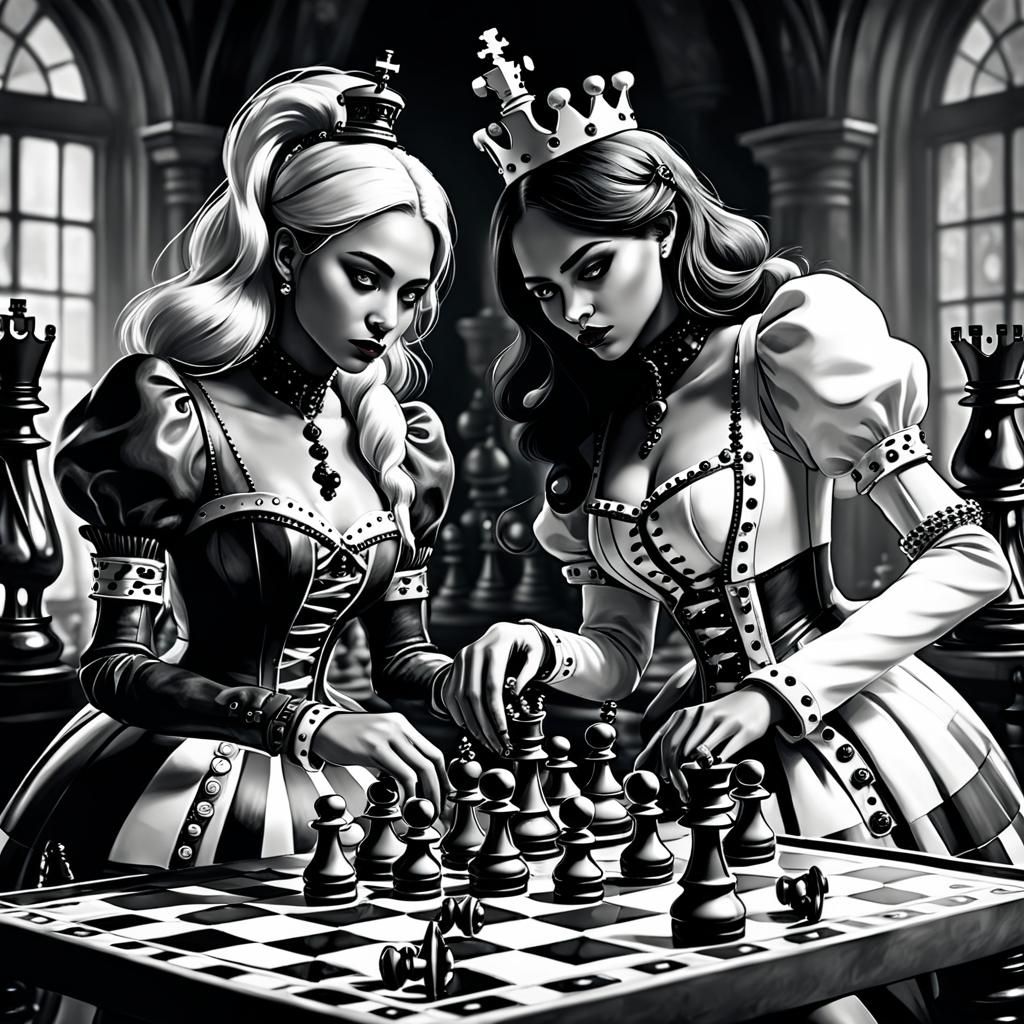 Steampunk Girls in Black and White Chess