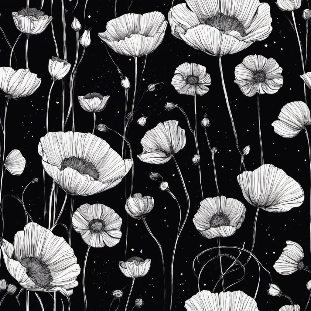 Opium Poppies Arrangement in Black Ink Style