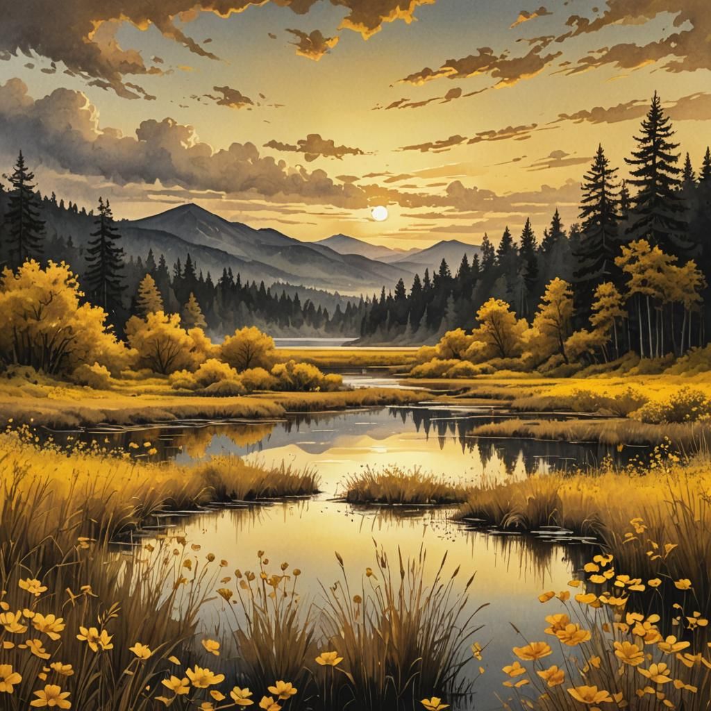 Monochromatic Yellow Watercolor Landscape at Golden Hour