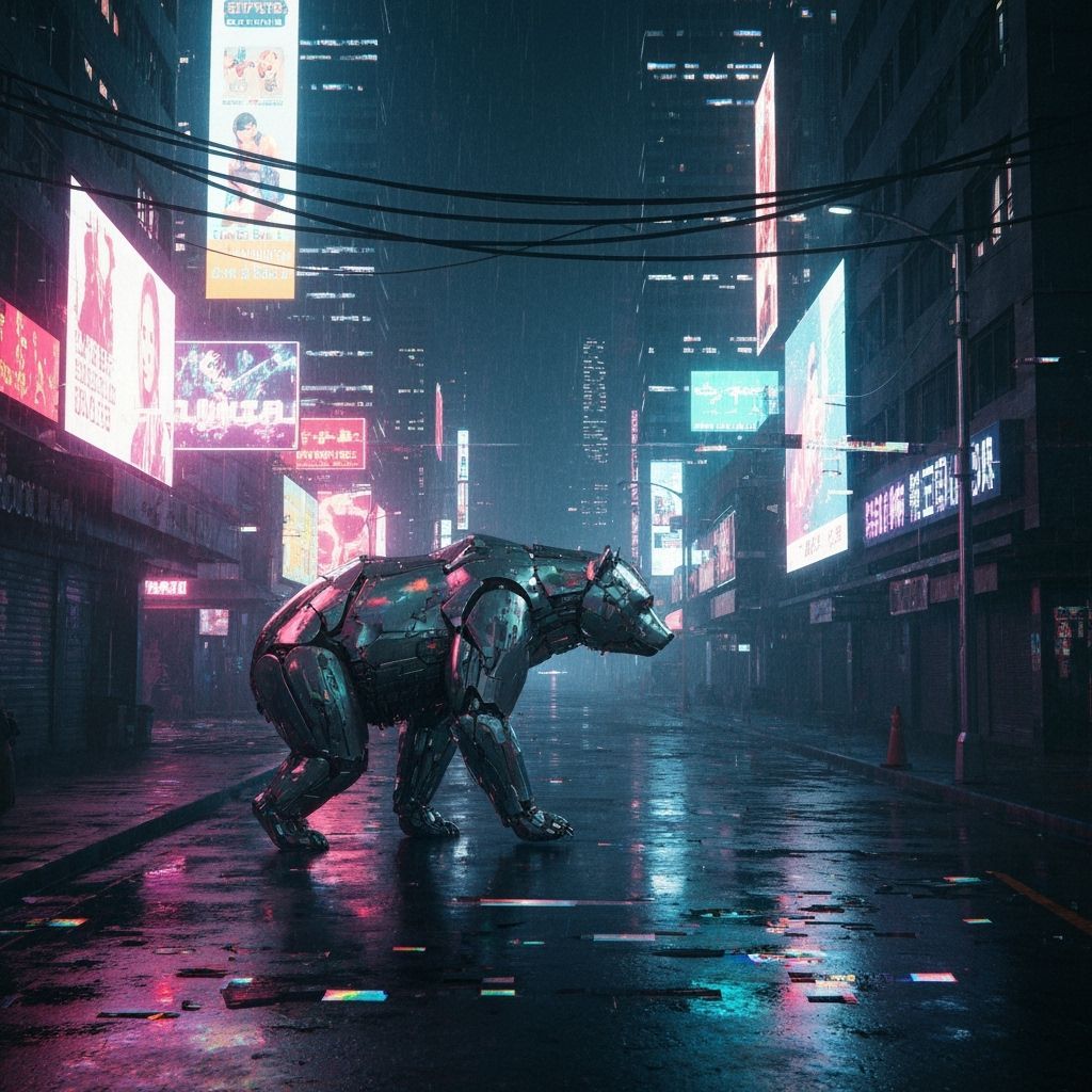 Cybernetic Bear in Neon Cityscape