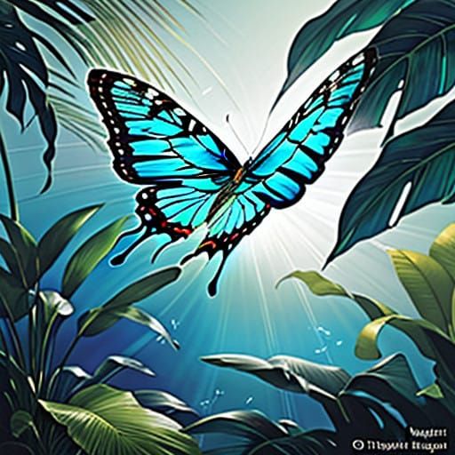 Ethereal Blue Morpho Butterfly in Tropical Paradise