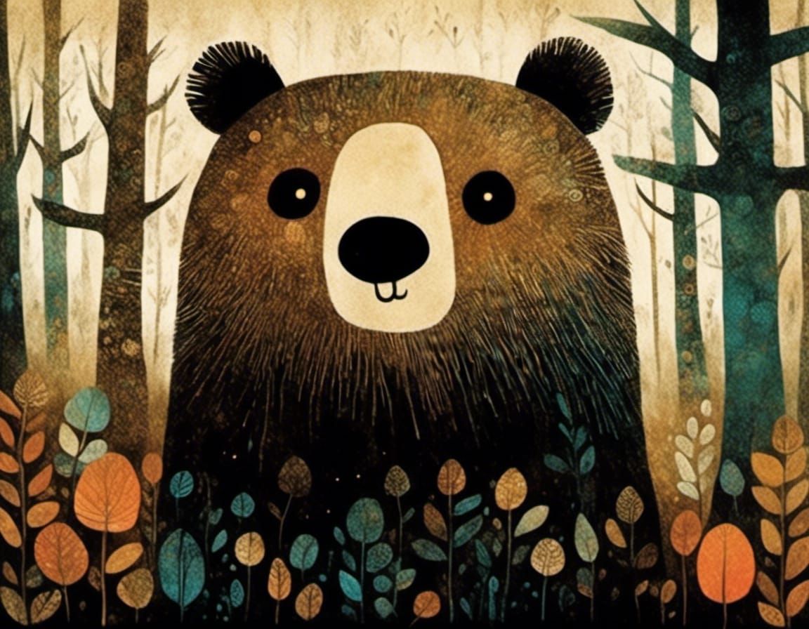 Adorable Bear in a Whimsical Woodland Scene
