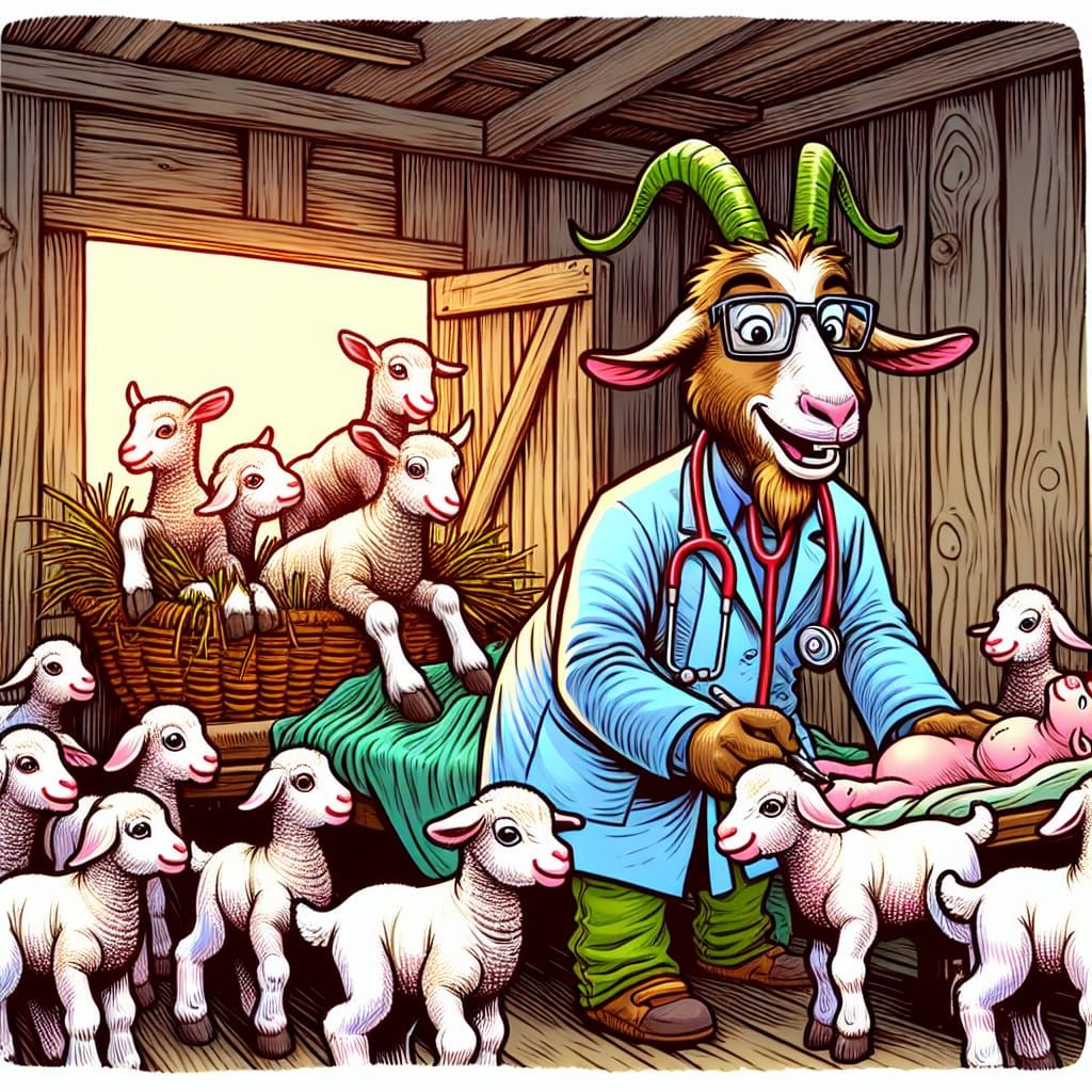 Goat Doctor Delivers Lambs: Humorous Cartoon