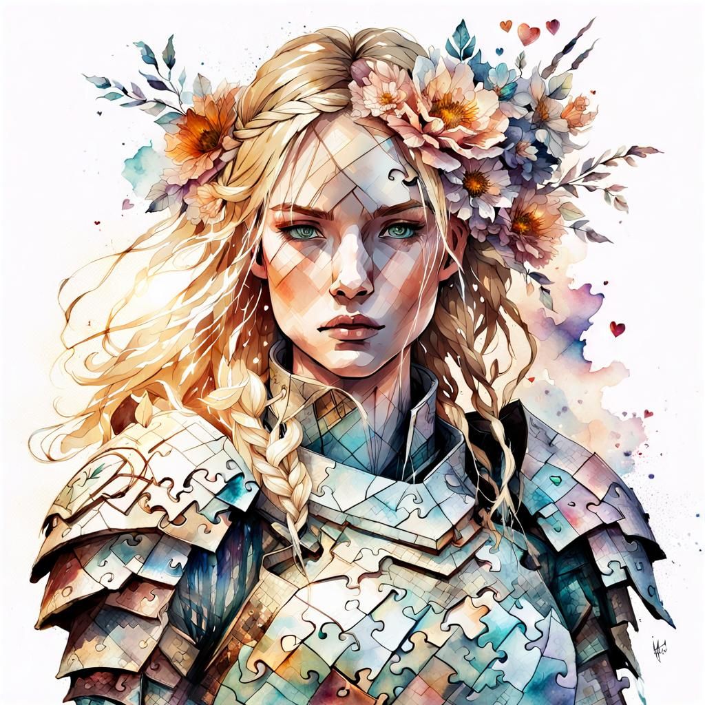 Puzzle Warrior Woman in Digital Watercolor