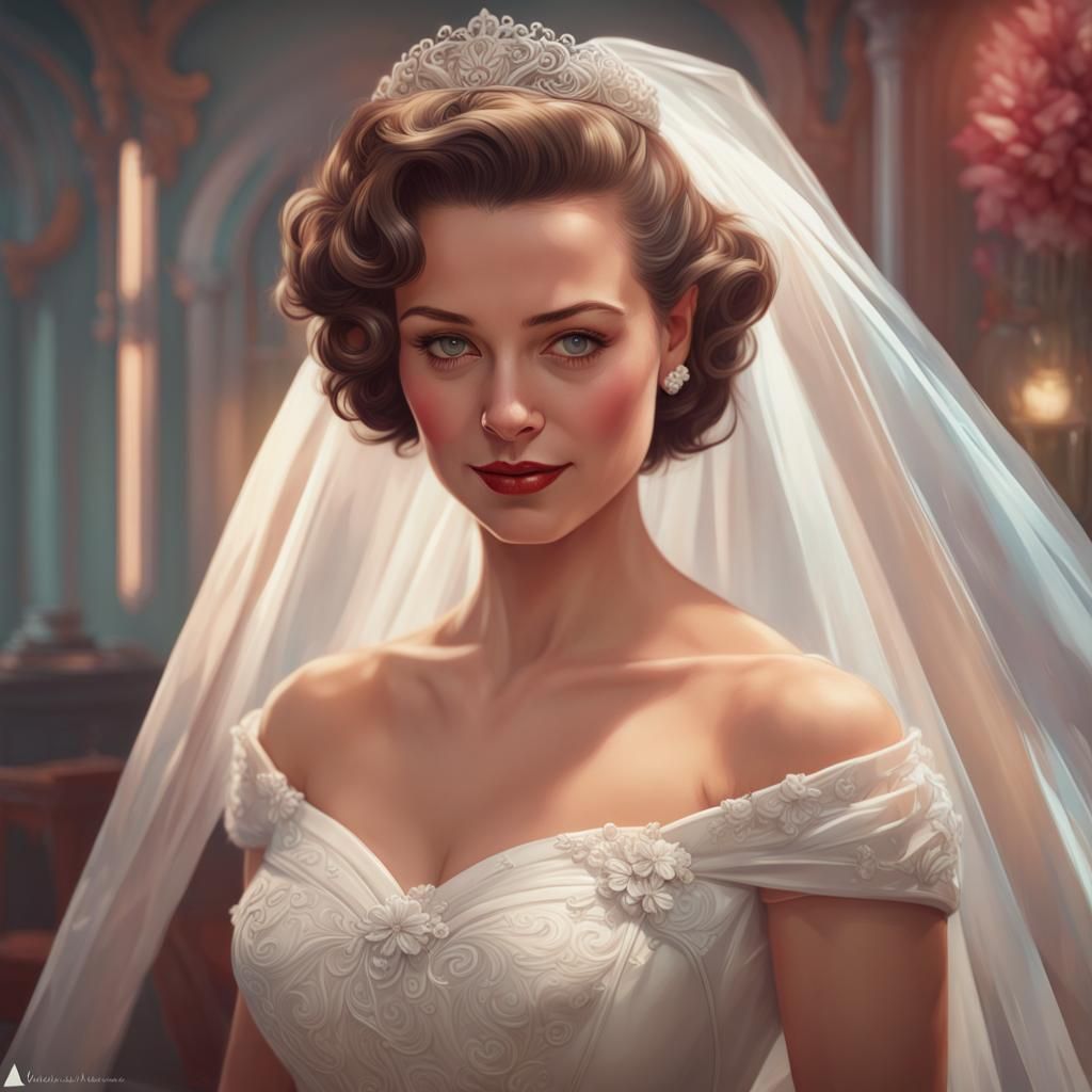 1950s Wedding Dress Portrait, Detailed Digital Art