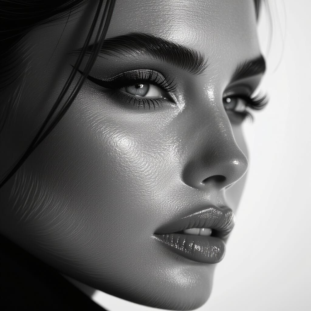 High Fashion Model's Face in Detailed Black and White