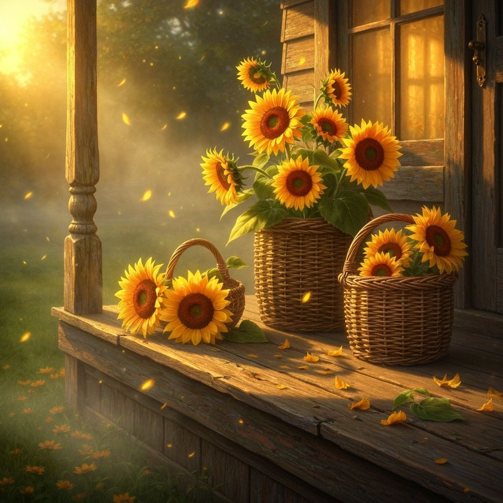Sunflowers in Baskets on Misty Porch, Fantasy Style