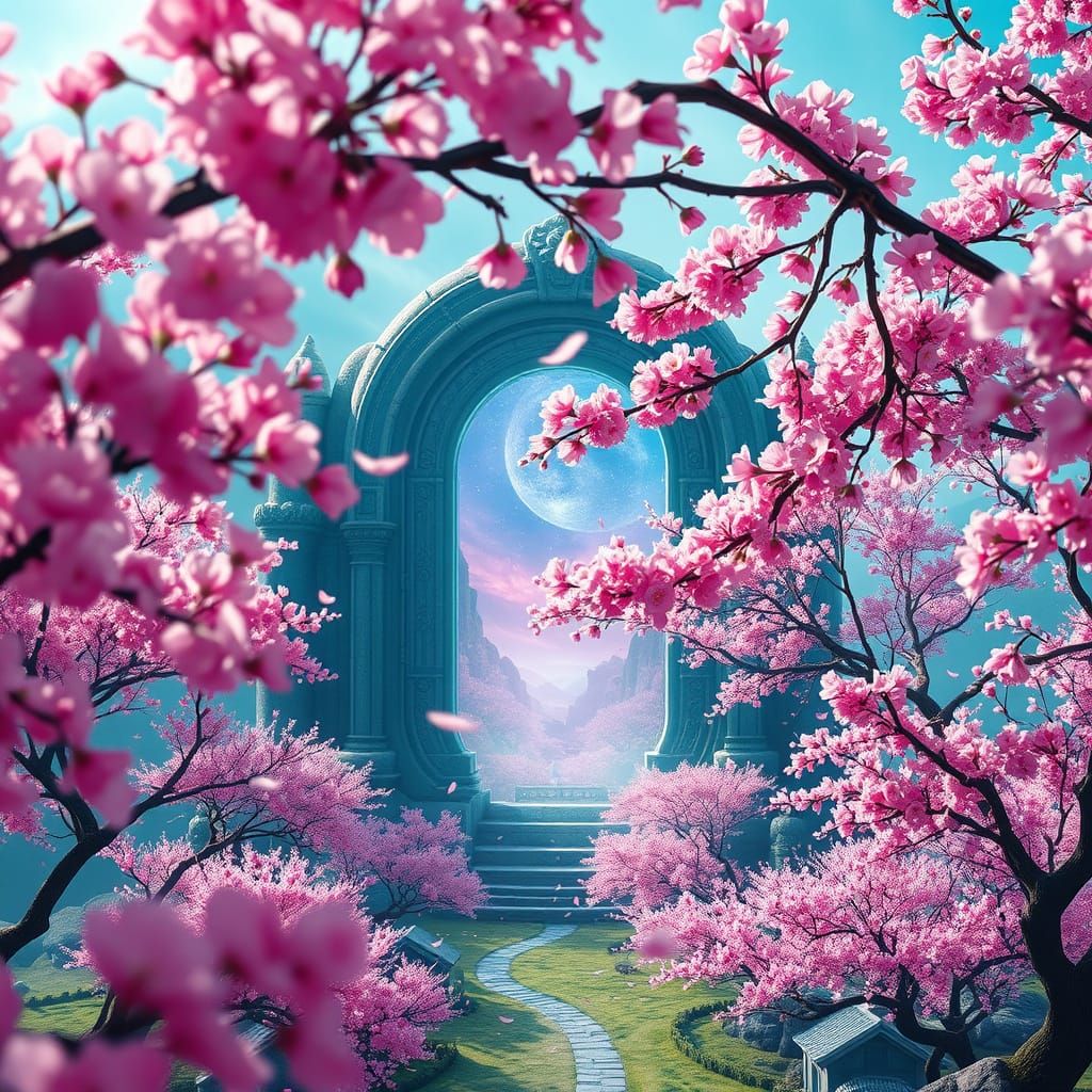 Surreal Cherry Blossom Portal Unveils Mystical Village
