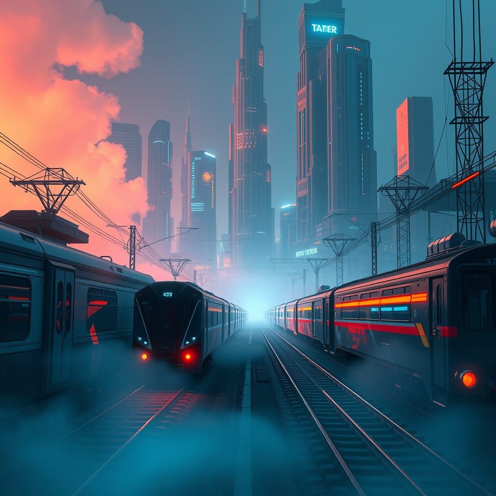 Cyberpunk Trainyard in Neon-Lit Futurism