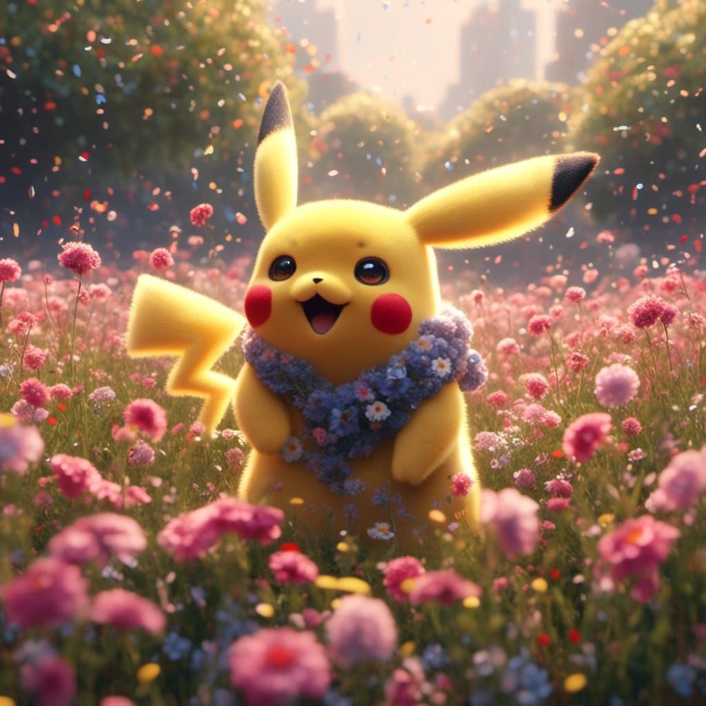Cute Pikachu in Watercolor Flower Field