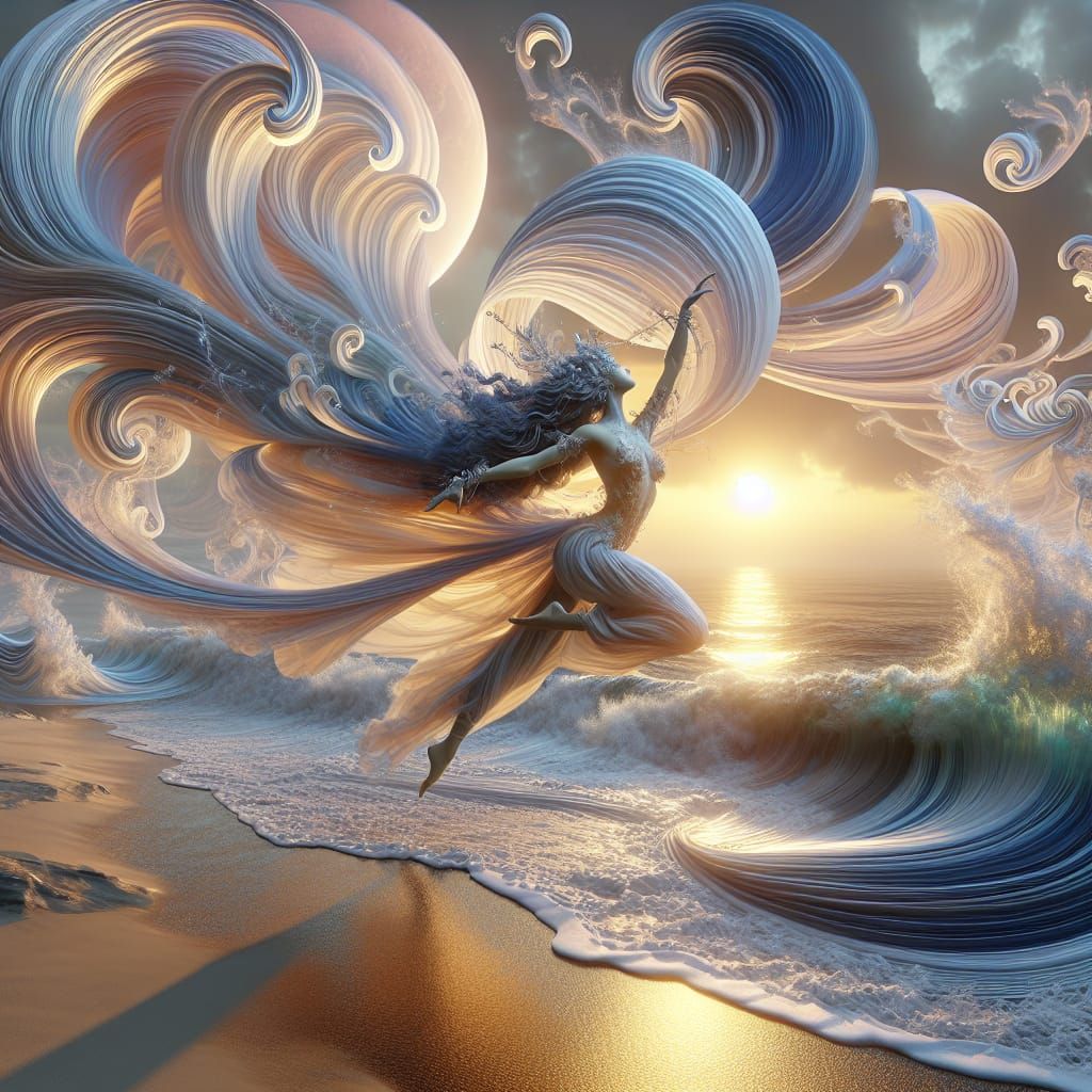Celestial Dancer Performing on a Silk Wave Beach