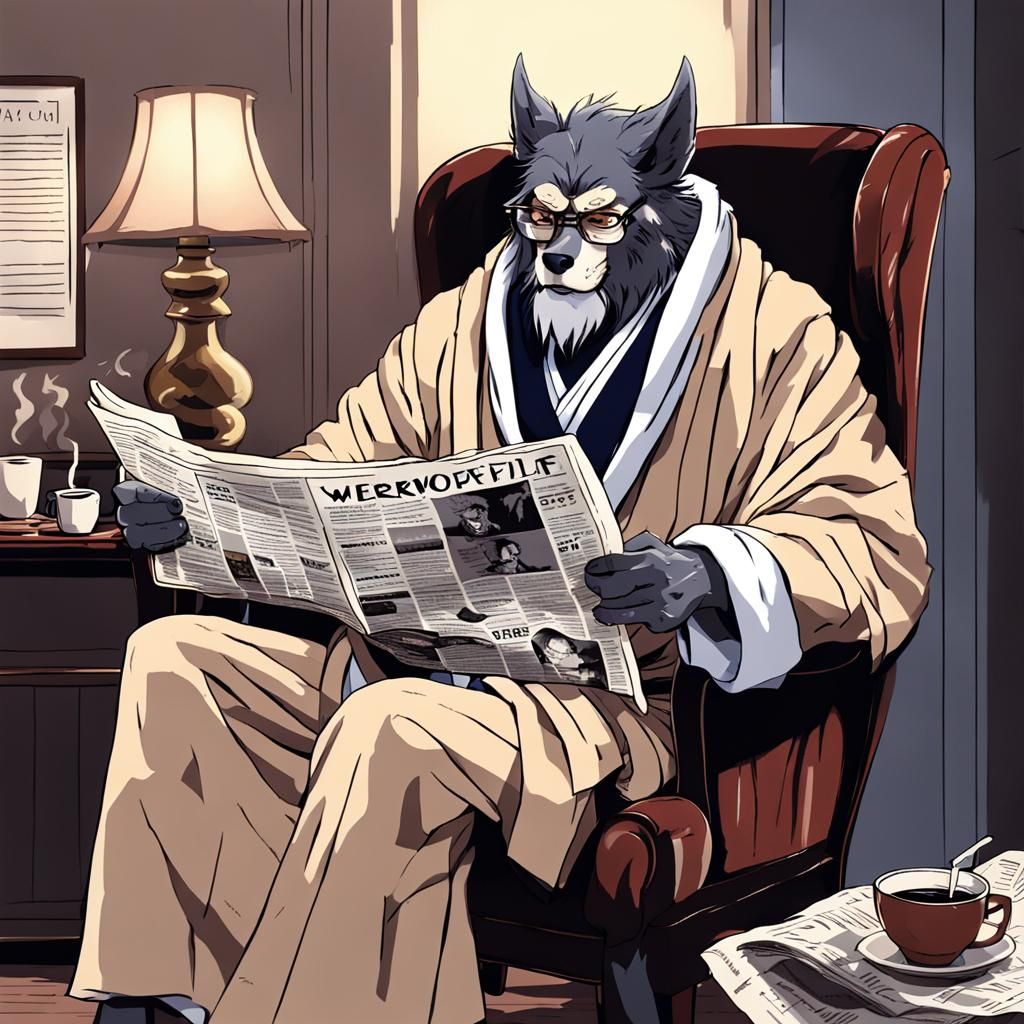 Anime Werewolf Dad Reading Newspaper