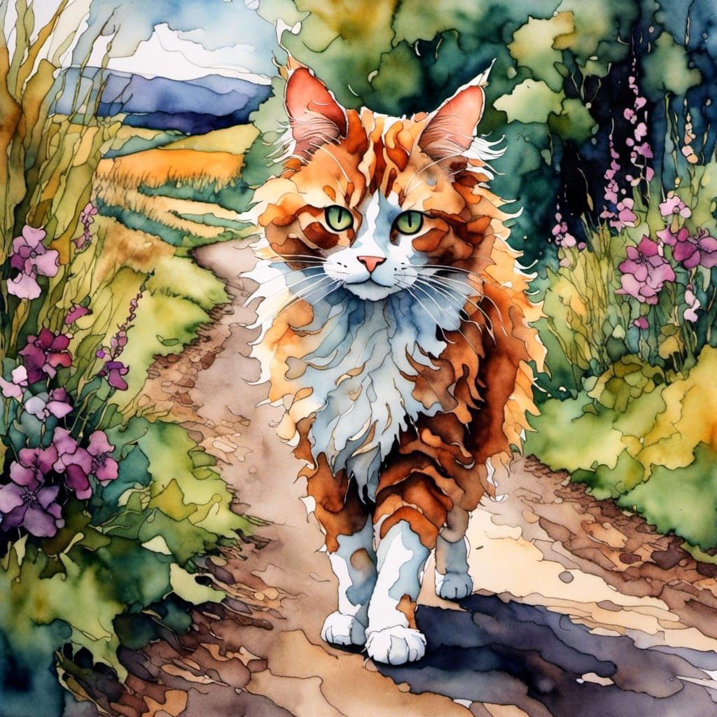 Ginger Cat on Country Path in Inkwell Style