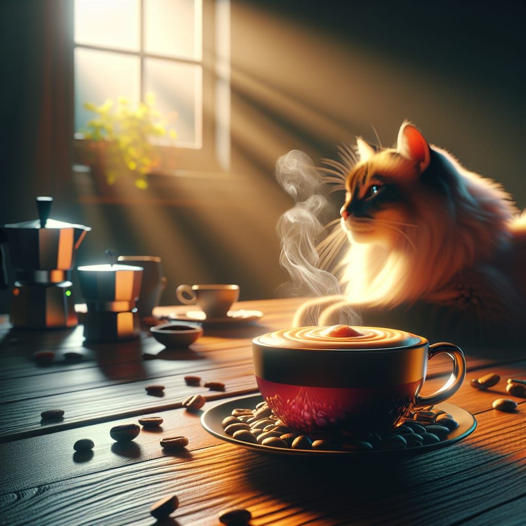 Hyperrealistic Coffee and Cat Concept Art