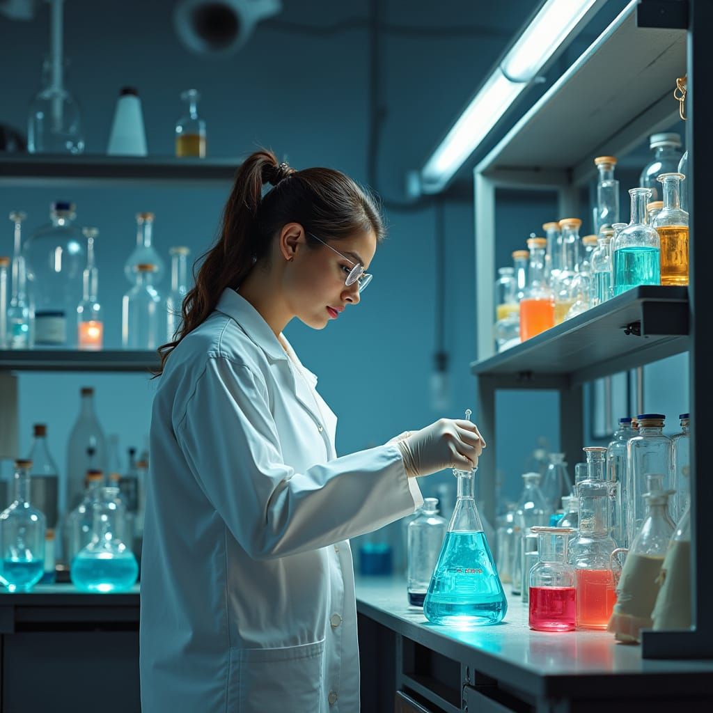 Photorealistic Lab Technician Inspects Glassware