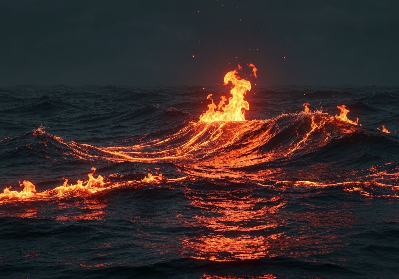 Surreal Ocean Firestorm: Lava Waves Under Dramatic Lighting