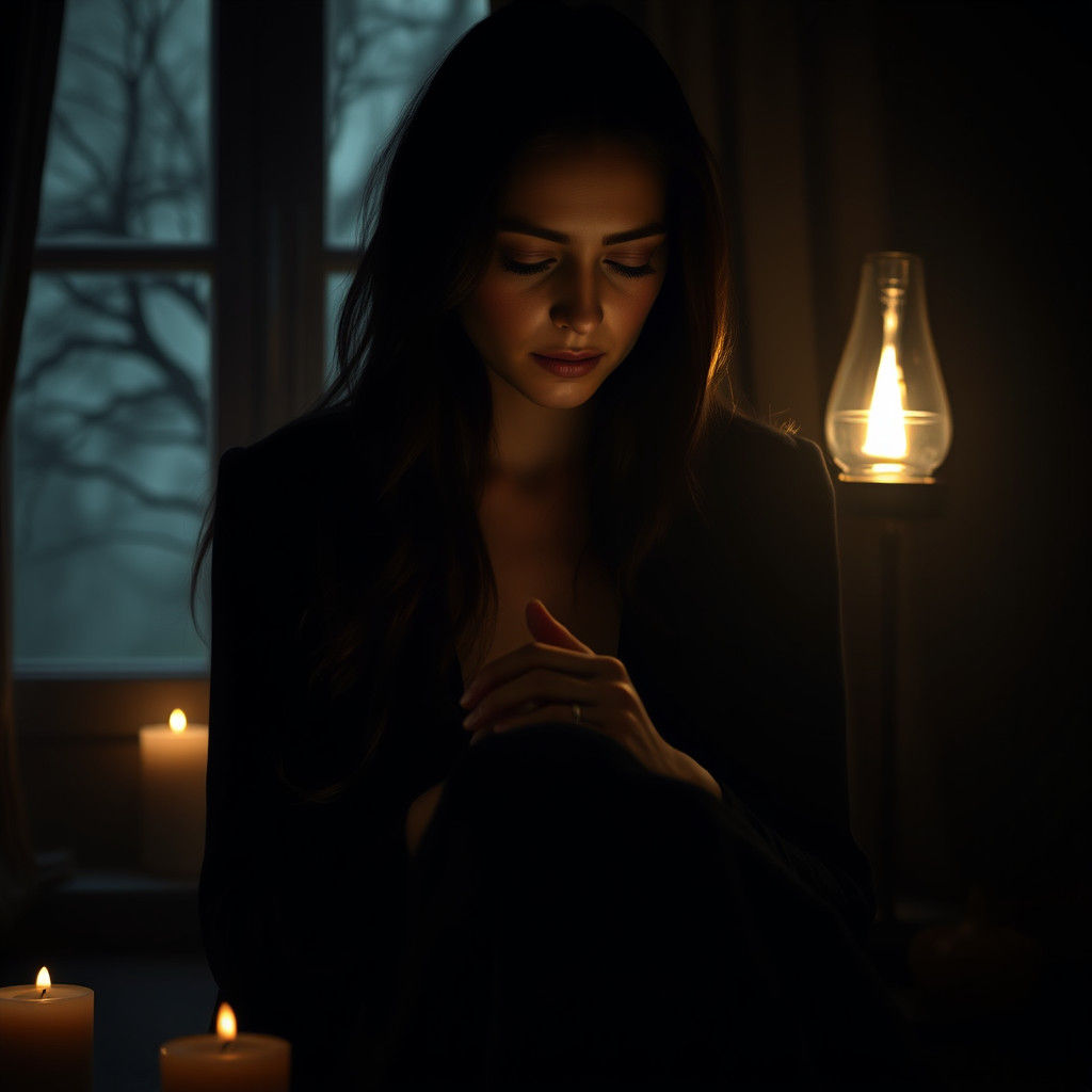 Contemplative Woman in Dimly Lit Room, Symbolic Art