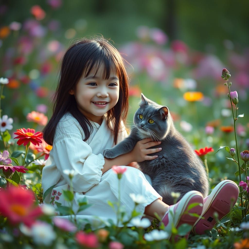 Realistic Portrait of a Smiling Japanese Girl in Enchanted F...