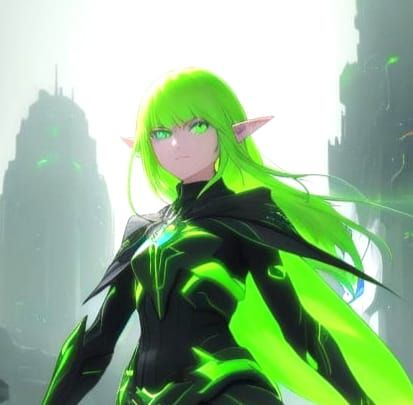 Ethereal Neon Elf Warrior on Futuristic Cityscape