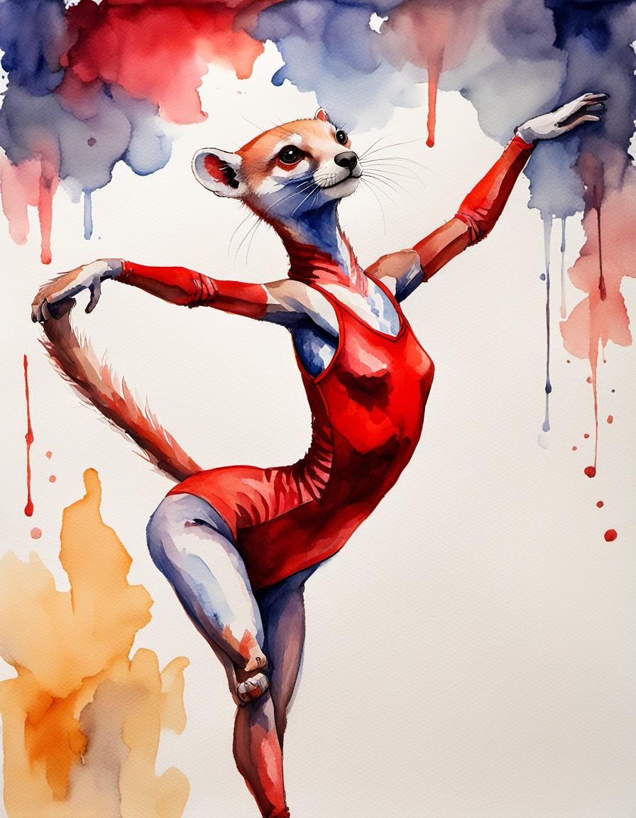 Weasel Gymnast in Watercolor Gouache Style
