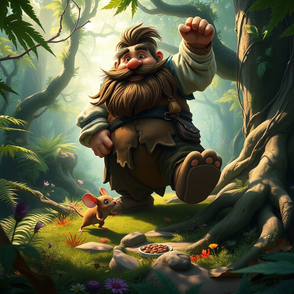 Whimsical Mouse Meets Jovial Gentleman in Vibrant Forest Lan...