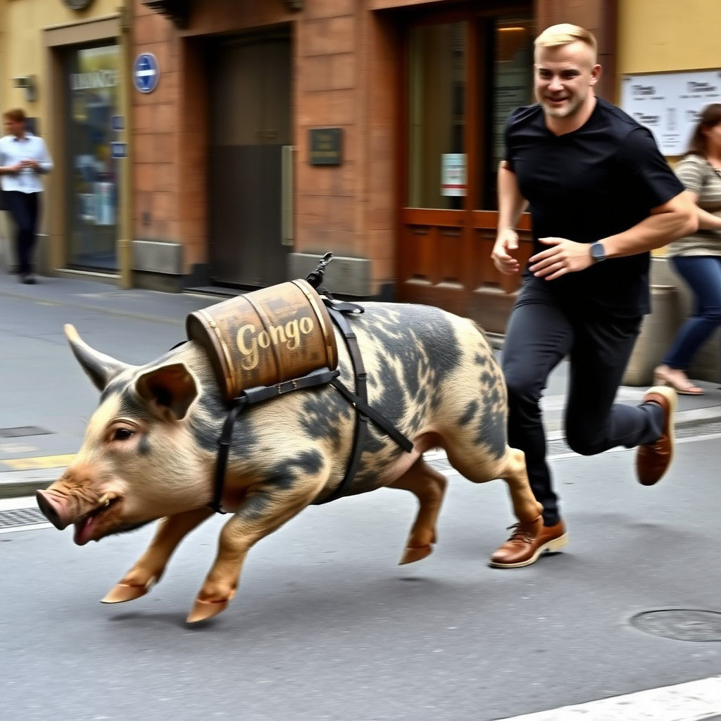 Man chasing Pork with Gongo