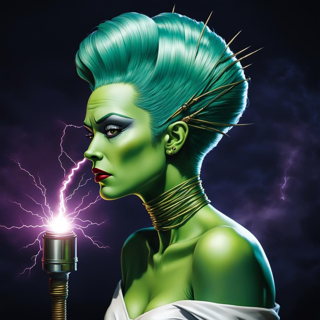 Bride of Frankenstein Portrait with Tesla Coil Sparks
