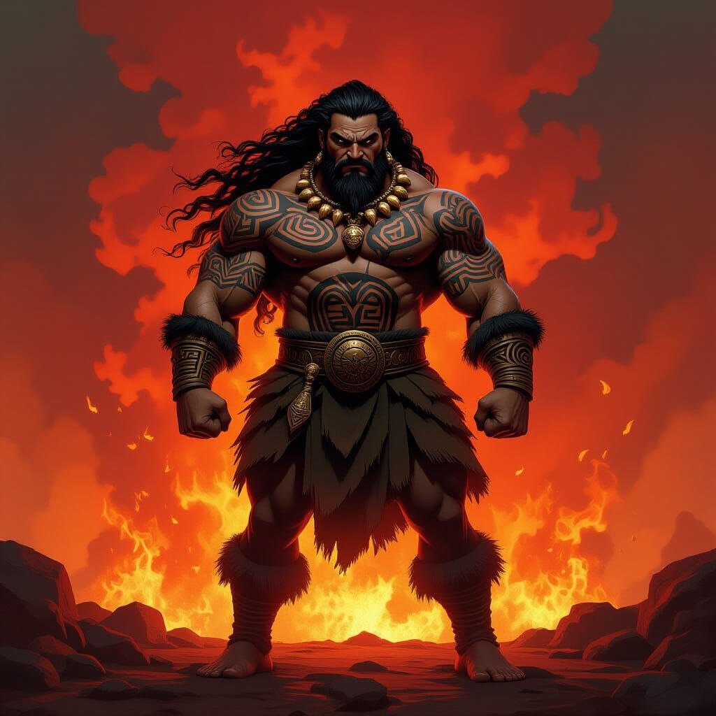 Maui Demigod with Maori Tattoos and Fiery Background