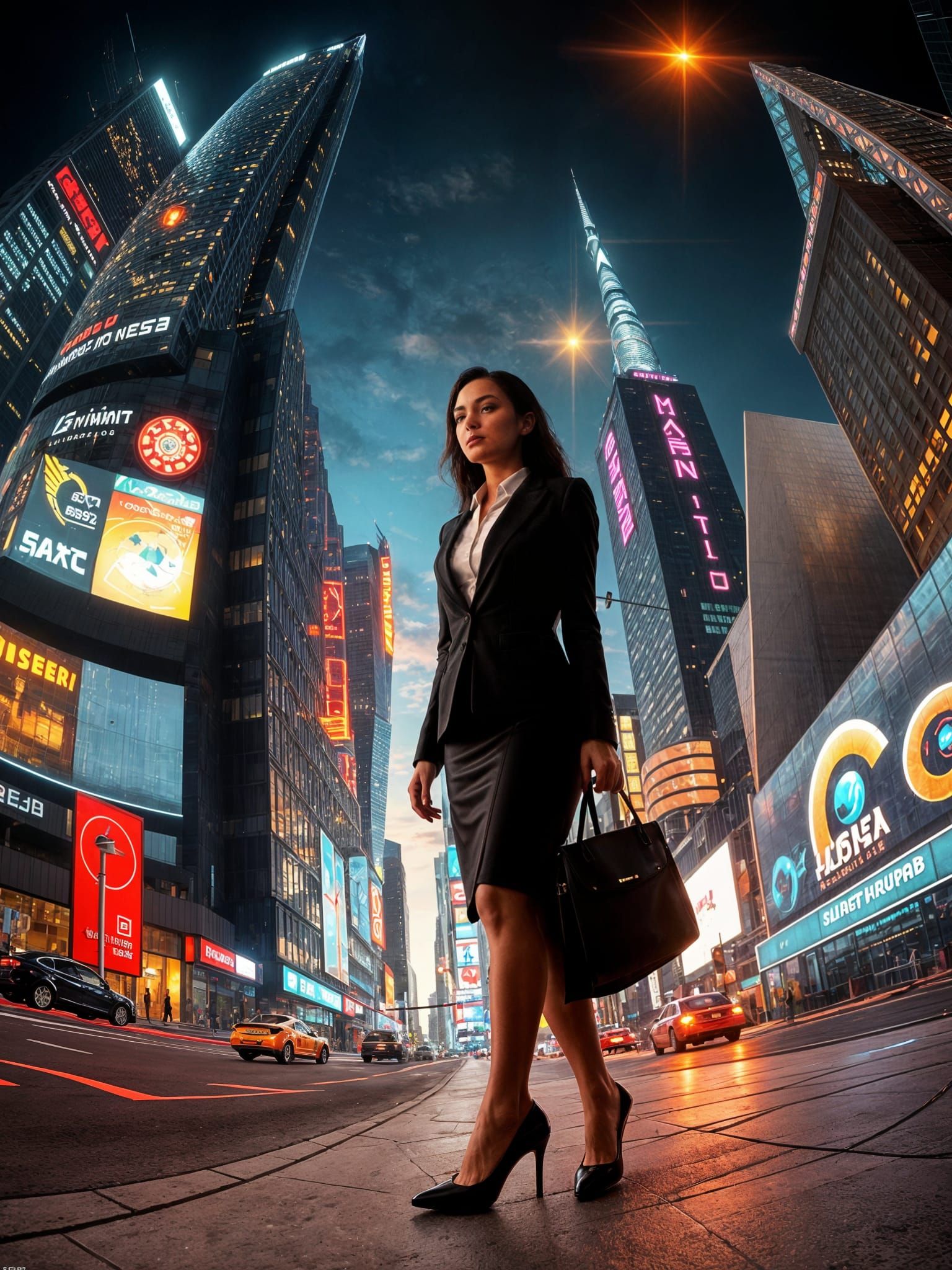 Futuristic Cityscape Panorama with Woman in Formal Attire
