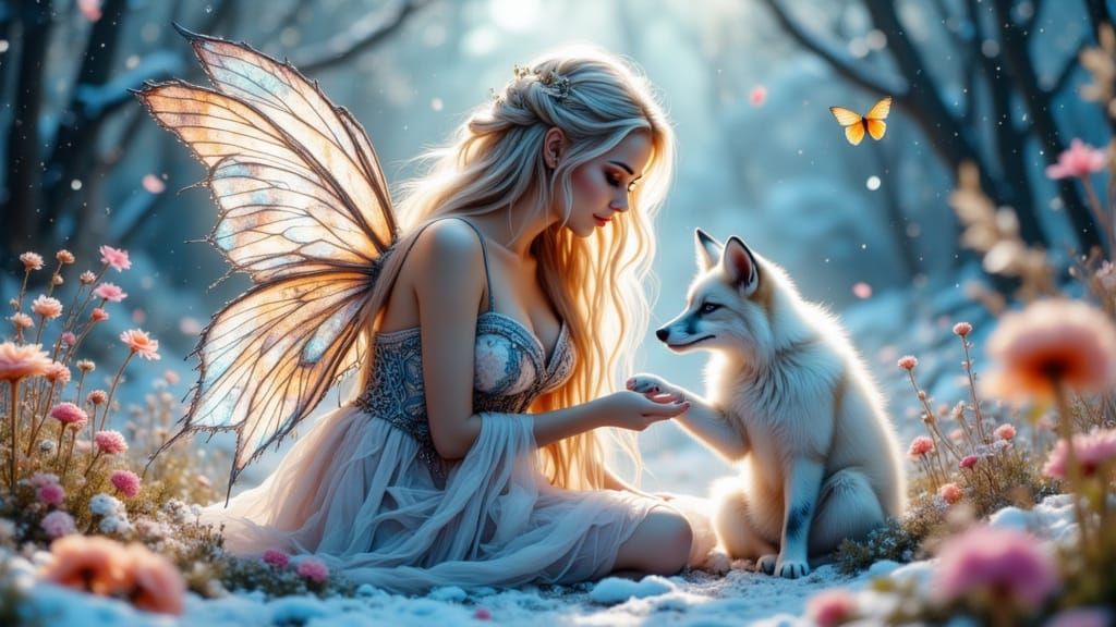 Woman with Fairy Wings Tends to Injured Fox in Snowy Forest