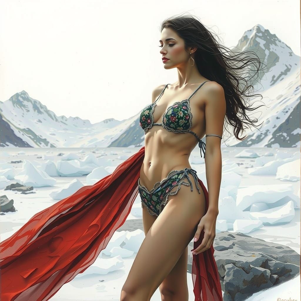 Woman in Bikini on Glacier, Expressionist Style