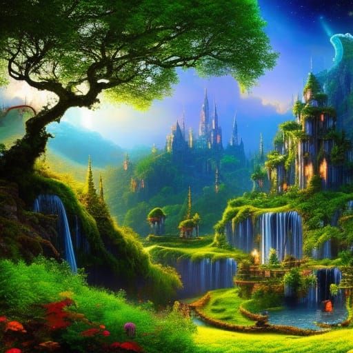 Dreamy Fairy Castle Waterfall at Night