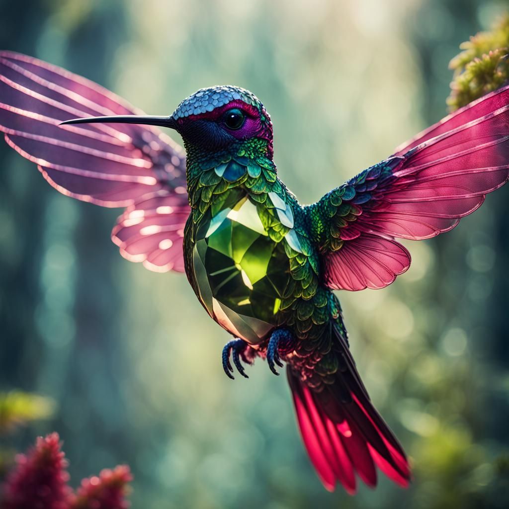 Crystal Hummingbird with Sapphire Wings in Magical Forest